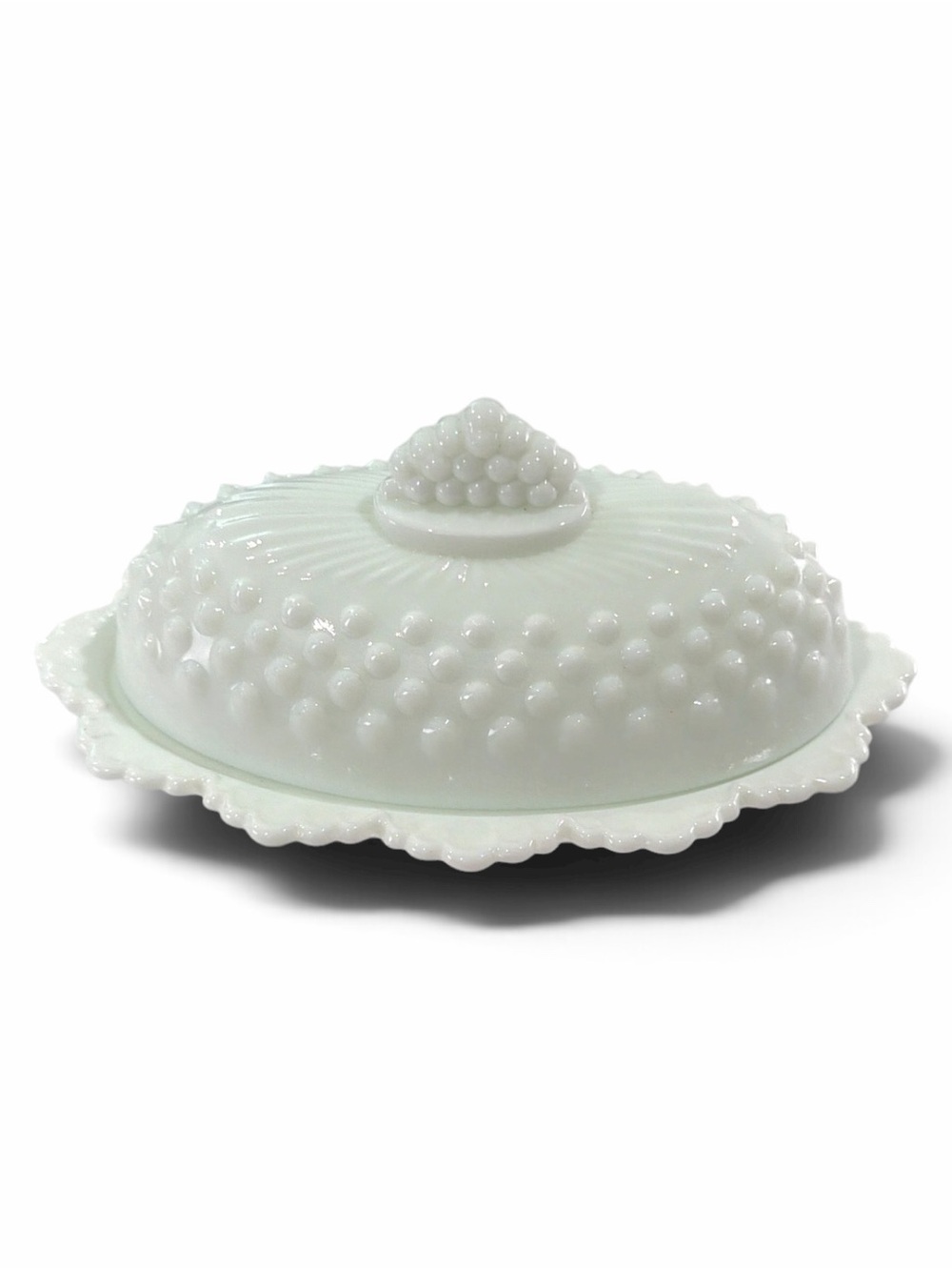 Vintage Fenton White Milk Glass Hobnail Oval Covered Butter Dish